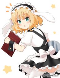 Rule 34 | 1girl, animal ears, apron, black footwear, black hairband, black skirt, blonde hair, blush, chestnut mouth, commentary request, fake animal ears, fleur de lapin uniform, floppy ears, frilled apron, frilled hairband, frilled skirt, frills, from behind, gochuumon wa usagi desu ka?, green eyes, hairband, holding, holding tray, kirima syaro, looking at viewer, looking back, menu, mitya, parted lips, puffy short sleeves, puffy sleeves, rabbit ears, shirt, shoe soles, shoes, short sleeves, simple background, skirt, solo, star (symbol), starry background, suspender skirt, suspenders, thighhighs, tray, twitter username, waist apron, white apron, white background, white shirt, white thighhighs, wrist cuffs