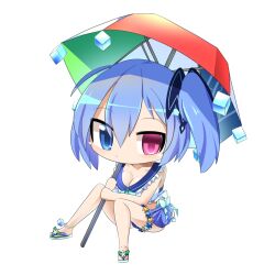 Rule 34 | 1girl, anklet, black bow, blue eyes, blue hair, blue sailor collar, blue skirt, bow, breasts, character request, chibi, cleavage, closed mouth, commentary request, expressionless, full body, hair between eyes, hair bow, heterochromia, holding, holding umbrella, hop step jumpers, jewelry, large breasts, lets0020, looking at viewer, medium bangs, multicolored umbrella, one side up, pink eyes, sailor collar, sandals, short hair, simple background, sitting, skirt, solo, transparent background, umbrella, white footwear