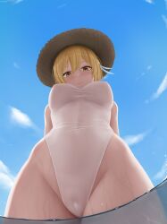 Rule 34 | 1girl, absurdres, arms behind back, blonde hair, blue sky, breasts, cameltoe, cleft of venus, closed mouth, covered erect nipples, covered navel, day, from below, genshin impact, hat, highres, large breasts, looking at viewer, looking down, lumine (genshin impact), one-piece swimsuit, see-through one-piece swimsuit, see-through swimsuit, sky, smile, straw hat, swimsuit, wading, water, wet, white one-piece swimsuit, yellow eyes, z282g