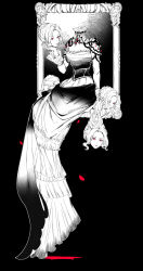 Rule 34 | 1girl, absurdres, angel, black background, blood, breasts, choker, cleavage, corset, dress, framed, greyscale, highres, holding, holding hair, holding head, lips, long dress, looking at viewer, lord of the mysteries, monochrome, multiple heads, nail, red eyes, reinette tinekerr, severed head, simple background, solo, yueyushengfan57423