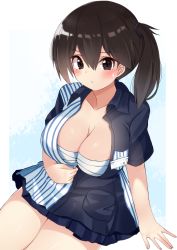 Rule 34 | 10s, 1girl, bandages, bandages around chest, blue skirt, blush, breasts, brown eyes, brown hair, cleavage, employee uniform, hidaka0503, highres, kaga (kancolle), kantai collection, large breasts, lawson, looking at viewer, matching hair/eyes, open clothes, open shirt, pleated skirt, sarashi, shirt, short hair, side ponytail, sitting, skirt, solo, striped clothes, striped shirt, uniform, vertical-striped clothes, vertical-striped shirt
