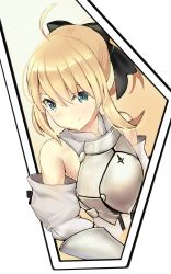 Rule 34 | 1girl, ahoge, armor, artoria pendragon (all), artoria pendragon (fate), black bow, bow, breastplate, closed mouth, fate/stay night, fate/unlimited codes, fate (series), hair between eyes, hair bow, highres, i.f.s.f, looking at viewer, ponytail, saber (fate), saber lily, sidelocks, smile, solo, upper body