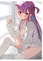 Rule 34 | 1girl, absurdres, blush, braid, breasts, buttons, fingernails, gaou (umaiyo puyoman), highres, hololive, indoors, long hair, looking at viewer, medium breasts, minato aqua, multicolored hair, nail polish, naked shirt, purple eyes, scan, shiny skin, shirt, simple background, sleeveless, solo, thighhighs, thighs, two-tone hair, virtual youtuber, white shirt, white thighhighs, window
