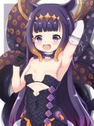 Rule 34 | 1girl, :d, absurdres, arm behind head, arm up, armpits, bare shoulders, black gloves, black hair, blunt bangs, blurry, breasts, choker, cleavage, collarbone, depth of field, detached sleeves, gloves, hairband, highres, hololive, hololive english, long hair, looking at viewer, mole, mole under eye, ninomae ina&#039;nis, open mouth, purple eyes, resolution mismatch, sidelocks, simple background, single glove, single sleeve, small breasts, smile, solo, source smaller, tentacle hair, tentacles, virtual youtuber, zendamu