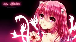 Rule 34 | 00s, 1girl, blood, character name, copyright name, elfen lied, gradient background, horns, long hair, looking at viewer, lucy (elfen lied), nude, open mouth, pink eyes, pink hair, red eyes, solo, sonnya wijawa, sonnyaws, vectors