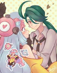 Rule 34 | 2girls, constarlations, creatures (company), game freak, green hair, hand on another&#039;s chin, highres, iono (pokemon), kabedon, multicolored hair, multiple girls, nintendo, pokemon, pokemon sv, reverse trap, rika (pokemon), split mouth, two-tone hair, yuri