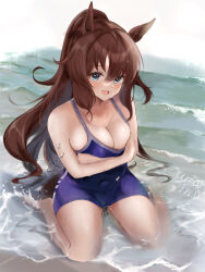 Rule 34 | 1girl, animal ears, arms under breasts, artist name, bare shoulders, blue eyes, blush, breasts, brown hair, cleavage, commentary request, competition school swimsuit, highres, horse ears, horse girl, large breasts, long hair, looking at viewer, maruzensky (umamusume), ocean, one-piece swimsuit, ponytail, purple one-piece swimsuit, school swimsuit, sitting, smile, solo, swimsuit, tracen swimsuit, umainu 2002, umamusume, wariza