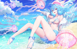 Rule 34 | 1girl, :d, absurdres, ass, bare shoulders, beach, bikini, blue eyes, blue hair, blue skirt, breasts, cleavage, cloud, commission, day, fang, front-tie bikini top, front-tie top, haiyi, halterneck, hat, high heels, highleg, highleg bikini, highres, jacket, jellyfish, knees up, large breasts, long hair, looking at viewer, miniskirt, ocean, off shoulder, open clothes, open jacket, open mouth, outdoors, outstretched arm, pixiv commission, pleated skirt, sailor bikini, sailor collar, see-through, skirt, smile, solo, stomach, strap gap, string bikini, swimsuit, synthesizer v, thighs, water, wet, white bikini, white jacket, yuri (chocho q)