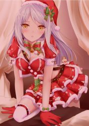 Rule 34 | 1girl, bed, between breasts, blush, bow, bowtie, breasts, cleavage, crop top, curtains, eve santaclaus, floating hair, fur-trimmed gloves, fur-trimmed headwear, fur-trimmed skirt, fur trim, gloves, green bow, hair bow, hat, highres, idolmaster, idolmaster cinderella girls, idolmaster cinderella girls starlight stage, indoors, layered skirt, long hair, looking at viewer, medium breasts, midriff, navel, on one knee, open mouth, pleated skirt, print skirt, red gloves, red hat, red skirt, red sleeves, santa costume, santa hat, short sleeves, shrug (clothing), silver hair, skirt, snowflake print, solo, stomach, striped bow, striped bowtie, striped clothes, striped neckwear, swept bangs, thighhighs, very long hair, white thighhighs, whitel (zou tukasaki), yellow eyes, zettai ryouiki