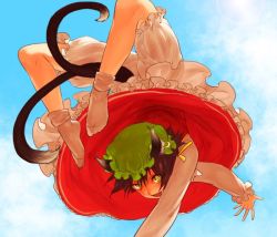 Rule 34 | 1girl, animal ears, bloomers, brown hair, cat ears, cat girl, cat tail, chen, earrings, egawa satsuki, feet, female focus, hat, jewelry, multiple tails, nekomata, no shoes, smile, socks, solo, somersault, tail, touhou, two tails, underwear, upside-down, white bloomers, yellow eyes