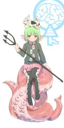 Rule 34 | 1girl, green hair, original, pine (pine-box), polearm, red eyes, short hair, solo, tentacles, thighhighs, trident, weapon