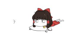 Rule 34 | 1girl, angry, animated, animated gif, barefoot, bow, brown hair, chibi, cup, drinking glass, full body, hair bow, hair tubes, hakurei reimu, looking up, lying, manamanami, on stomach, pillow, ribbon-trimmed sleeves, ribbon trim, skirt, solo focus, touhou, trembling