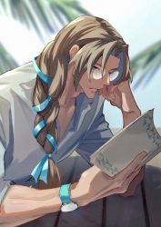 Rule 34 | 1boy, bespectacled, blue eyes, blue ribbon, blurry, blurry background, book, braid, brown hair, chiron (fate), closed mouth, curtained hair, expressionless, fate/grand order, fate (series), glasses, hair ribbon, haruakira, highres, holding, holding book, male focus, open book, palm leaf, reading, ribbon, round eyewear, shirt, single braid, sleeves rolled up, solo, table, upper body, v-neck, watch, white shirt, wristwatch