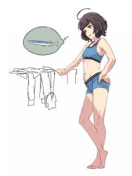 Rule 34 | 1girl, ahoge, barefoot, blue bra, blue panties, blue shorts, blunt bangs, boyshort panties, bra, brown hair, commentary request, fish, full body, hand on own hip, kantai collection, kishinami (kancolle), panties, saury, short hair, short shorts, shorts, simple background, solo, sports bra, standing, thought bubble, underwear, underwear only, uno ichi, unworn clothes, wavy hair, white background