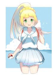 Rule 34 | 1girl, blonde hair, blush, border, cloud, commentary request, cowboy shot, creatures (company), day, dougaku (passionpit777), eyelashes, game freak, green eyes, hand up, highres, holding, holding poke ball, holding strap, lillie (pokemon), long hair, looking at viewer, nintendo, open mouth, outdoors, pleated skirt, poke ball, poke ball (basic), pokemon, pokemon sm, shirt, short sleeves, skirt, sky, solo, strap, summer, teeth, upper teeth only, white border, white shirt