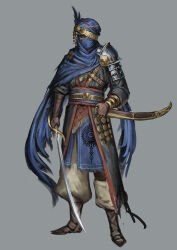 Rule 34 | 1boy, absurdres, armor, blue cape, brown footwear, brown gloves, cape, commentary request, fantasy, gloves, grey background, highres, holding, holding sword, holding weapon, ikasamahideo, looking at viewer, male focus, mask, original, pauldrons, sheath, shoulder armor, simple background, solo, sword, turban, weapon