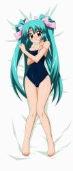 Rule 34 | 1990s (style), 1girl, absurdres, blush, cameltoe, canal vorfeed, competition school swimsuit, dakimakura (medium), full body, green hair, highres, lost universe, lying, one-piece swimsuit, purple eyes, ribbon, school swimsuit, solo, sugimura tomokazu, swimsuit, undressing