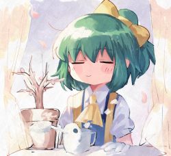 Rule 34 | 1girl, ascot, blouse, blue dress, blush, bow, closed eyes, closed mouth, cookie (touhou), daiyousei, diyusi (cookie), dress, gloves, green hair, hair between eyes, hair bow, high-waist skirt, medium hair, pinafore dress, plant, potted plant, puffy short sleeves, puffy sleeves, shirt, short sleeves, skirt, sleeveless dress, smile, solo, touhou, upper body, watering can, white gloves, white shirt, xox xxxxxx, yellow ascot, yellow bow