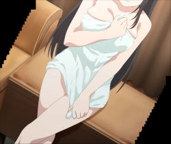 Rule 34 | 1girl, absurdres, bare shoulders, black hair, breasts, collarbone, crossed legs, highres, irido yume, large breasts, lips, long hair, mamahaha no tsurego ga moto kano datta, naked towel, screencap, sitting, stitched, thighs, third-party edit, towel