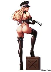 Rule 34 | 1girl, absurdres, artist name, ass, back, bdsm, black footwear, black gloves, blonde hair, boots, breasts, corset, dominatrix, dungeon and fighter, elbow gloves, female gunner (dungeon and fighter), femdom, gloves, hat, high heel boots, high heels, highres, large breasts, latex, latex boots, latex gloves, lips, long hair, looking at viewer, maria dk, mariatr, military hat, peaked cap, red eyes, smile, solo, thigh boots, thighhighs, thighs, thong, whip, white background