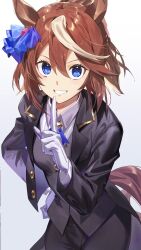 Rule 34 | 1girl, animal ears, black jacket, blue eyes, brown hair, collared shirt, commentary request, finger to mouth, formal, gloves, grey vest, hair between eyes, hakoneko (marisa19899200), hand on own hip, highres, horse ears, horse girl, horse tail, jacket, long sleeves, looking at viewer, multicolored hair, official alternate costume, official alternate hairstyle, shirt, shushing, smile, solo, streaked hair, suit, tail, tokai teio (umamusume), tokai teio (waltz of hiwing) (umamusume), umamusume, upper body, vest, white background, white gloves, white hair, white shirt