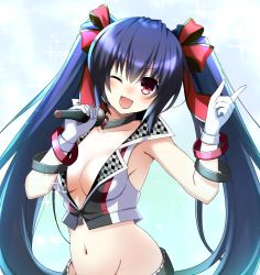Rule 34 | 1girl, ;d, black hair, blush, breasts, cleavage, collarbone, crop top, doria (p f dolia), gloves, groin, hair between eyes, hair ribbon, hands up, highres, holding, holding microphone, idol, long hair, looking at viewer, medium breasts, microphone, midriff, navel, neptune (series), no bra, noire (neptunia), one eye closed, open mouth, red eyes, ribbon, sleeveless, smile, solo, twintails, very long hair, white gloves