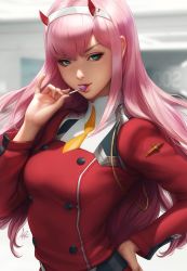 Rule 34 | 10s, 1girl, bad id, bad twitter id, candy, darling in the franxx, food, green eyes, hand on own hip, highres, horns, lollipop, pink hair, solo, stanley lau, upper body, zero two (darling in the franxx)