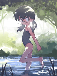Rule 34 | 1girl, arms behind back, ass, bare shoulders, barefoot, black eyes, black hair, black one-piece swimsuit, closed mouth, day, flat chest, foliage, foot out of frame, from side, glasses, grass, hair between eyes, hair tie, highres, in water, long hair, looking at viewer, one-piece swimsuit, orenji (orenjipiiru), original, outdoors, round eyewear, smile, solo, splashing, split mouth, standing, standing on one leg, straight hair, swimsuit, tree, twintails