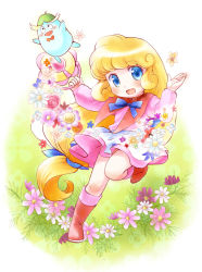Rule 34 | 1990s (style), 1girl, :d, blonde hair, blue eyes, blush, boots, bow, bowtie, child, curly hair, dress, field, floral background, flower, flower field, flying, hair ribbon, hana no mahoutsukai mary bell, highres, holding, instrument, knee boots, leg lift, long hair, looking at viewer, low-tied long hair, mary bell, midoya (icecandy), open mouth, outdoors, outstretched arm, retro artstyle, ribbon, short hair, smile, tambourine, tambourine (mary bell), very long hair