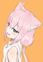 Rule 34 | 1girl, :d, ahoge, animal ear fluff, animal ears, areola slip, blue eyes, blush, breasts, cat ears, downblouse, from side, hair between eyes, highres, hinata channel, long hair, looking at viewer, loose clothes, loose shirt, low-tied long hair, nekomiya hinata, no bra, open mouth, orange background, pink hair, shirt, simple background, small breasts, smile, solo, upper body, virtual youtuber