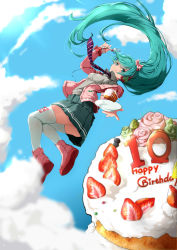 Rule 34 | 1girl, :q, absurdres, birthday cake, blueberry, bow, breasts, cake, cake slice, cardigan, cloud, collared shirt, commentary request, day, english text, flower, food, food on face, fork, fruit, full body, green hair, green skirt, grey shirt, hair bow, happy birthday, hatsune miku, headphones, highres, holding, holding fork, long hair, long sleeves, medium breasts, necktie, open cardigan, open clothes, outstretched arm, pink bow, pink flower, pink footwear, pink rose, plate, pleated skirt, rose, scrunchie, shirt, shoes, skirt, sky, solo, strawberry, striped necktie, striped neckwear, sunlight, tendo (zhazhatiantong), thighhighs, tongue, tongue out, twintails, very long hair, vocaloid, white thighhighs, wing collar, wrist scrunchie