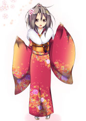 Rule 34 | 10s, 1girl, alternate costume, amano kouki, brown eyes, brown hair, cherry blossoms, floral print, flower, hair flower, hair ornament, japanese clothes, kantai collection, kimono, long hair, long sleeves, new year, obi, open mouth, personification, ponytail, sash, solo, wide sleeves, zuihou (kancolle)
