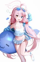 Rule 34 | 1girl, absurdres, arms up, bare shoulders, blue archive, blue eyes, commentary, english commentary, heterochromia, highres, hoshino (blue archive), hoshino (swimsuit) (blue archive), long hair, nagul, navel, pink hair, sandals, swimsuit, thighs, yellow eyes