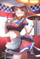 Rule 34 | 1girl, ahoge, blonde hair, blurry, blurry background, blush, breasts, cleavage, crop top, depth of field, hachimiya meguru, highres, holding, holding tray, idolmaster, idolmaster shiny colors, looking at viewer, medium breasts, navel, ponytail, restaurant, shirt, skirt, smile, solo, striped clothes, striped shirt, striped skirt, tray, waitress, wrist cuffs, yuuka1127t