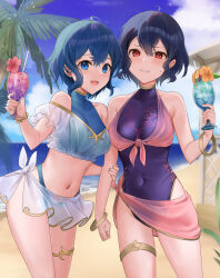 Rule 34 | 2girls, :d, beach, bikini, bikini skirt, black hair, blue bikini, blue eyes, blue hair, bracelet, casual one-piece swimsuit, clenched teeth, collarbone, covered navel, cowboy shot, cup, day, drinking straw, fire emblem, fire emblem awakening, flower, haru (nakajou-28), highres, holding, holding cup, jewelry, looking at viewer, medium hair, morgan (female) (devoted darkness) (fire emblem), morgan (female) (fire emblem), morgan (fire emblem), multiple girls, navel, nintendo, one-piece swimsuit, open mouth, outdoors, palm tree, pink flower, purple one-piece swimsuit, red eyes, see-through, see-through sleeves, short sleeves, skirt, smile, standing, summer, sweatdrop, swimsuit, teeth, thighlet, tree, white skirt
