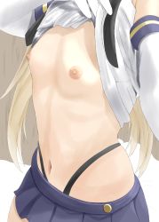 Rule 34 | 1girl, absurdres, blonde hair, blue skirt, breasts, clothes lift, commentary request, disuto, elbow gloves, flat chest, gloves, head out of frame, highres, kantai collection, lifting own clothes, long hair, navel, pleated skirt, selfie, shimakaze (kancolle), shirt, shirt lift, skirt, solo, white gloves, white shirt