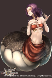 Rule 34 | 1girl, collarbone, copyright name, fingernails, highres, jewelry, lamia, long fingernails, looking at viewer, lots of jewelry, midgard war chronicles, midriff, mole, monster girl, navel, parted lips, purple hair, reirou, sabi wasabi, slit pupils, solo, watermark, yellow eyes