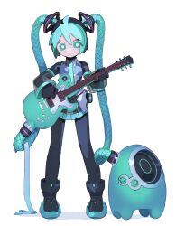 Rule 34 | 1girl, absurdres, aqua eyes, aqua necktie, aqua skirt, black footwear, boots, bright pupils, cable hair, cheri zao, closed mouth, collared shirt, detached sleeves, dot mouth, electric guitar, expressionless, full body, guitar, hatsune miku, hatsune miku (vocaloid3), highres, holding, holding instrument, instrument, long hair, long sleeves, looking at viewer, miniskirt, necktie, pleated skirt, robot, robot girl, see-through, see-through sleeves, shirt, simple background, skirt, solo, standing, straight-on, tachi-e, twintails, very long hair, vocaloid, white background, white pupils
