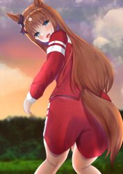 Rule 34 | 1girl, alternate costume, animal ears, ass, bad id, bad twitter id, blurry, blurry background, cloud, commentary, grass wonder (umamusume), hair ornament, highres, horse ears, horse girl, horse tail, jacket, looking at viewer, looking back, open mouth, shia0016, shorts, sky, solo, tail, track jacket, umamusume