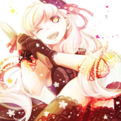 Rule 34 | 1girl, axe, chichi262, gloves, happy, mayu (vocaloid), one eye closed, solo, vocaloid, weapon, wink