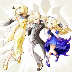 Rule 34 | 1boy, 2girls, ahoge, blonde hair, blue dress, blue hairband, clenched hands, closed mouth, collared shirt, commentary request, creatures (company), dress, elbow gloves, ffccll, game freak, gladion (pokemon), gladion (sygna suit) (pokemon), gloves, green eyes, hairband, high heels, highres, knees together feet apart, lillie (anniversary 2021) (pokemon), lillie (pokemon), long hair, lusamine (pokemon), lusamine (sygna suit) (pokemon), multiple girls, necktie, nintendo, official alternate costume, pants, pokemon, pokemon masters ex, shirt, shoes, short hair, sleeveless, sleeveless dress, smile, vest, white gloves, yellow dress, yellow footwear