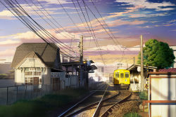 Rule 34 | absurdres, building, cable, cloud, commentary request, day, door, fence, grass, hankachi (okayama012), highres, hiragana, kanji, no humans, original, plant, power lines, railroad tracks, scenery, shade, sign, sky, sunlight, sunset, train, train station, train station platform, tree, utility pole, window