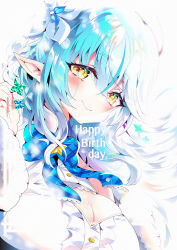 Rule 34 | 1girl, aloe (kenkou3733), birthday, blue hair, blush, breasts, cleavage, closed mouth, commentary request, elf, flower, fur trim, hair between eyes, hair flower, hair ornament, half updo, happy birthday, highres, hololive, large breasts, long hair, looking at viewer, pointy ears, skindentation, smile, solo, virtual youtuber, yellow eyes, yukihana lamy