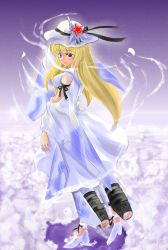 Rule 34 | 1girl, aircraft, airplane, bare shoulders, blonde hair, blue eyes, cloud, dress, flying, hat, hat ribbon, highres, jet, long hair, looking back, mecha musume, neues, original, personification, ribbon, sky, solo, star (symbol), su-37, white dress