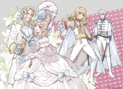 Rule 34 | 1girl, 1other, 2boys, aiguillette, ascot, back bow, blonde hair, blue eyes, boots, bow, braid, brooch, cape, charles-henri sanson (fate), chevalier d&#039;eon (fate), crown, dress, dress bow, earrings, epaulettes, fate/grand order, fate (series), flower, folding fan, gloves, green eyes, hamashima shigeo, hand fan, holding hands, holding, holding fan, jewelry, knee boots, lace, lily (flower), long hair, marie antoinette (fate), messy hair, multiple boys, outstretched hand, pants, puffy sleeves, standing, white bow, white cape, white dress, white footwear, white gloves, white hair, white pants, wolfgang amadeus mozart (fate)