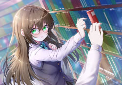 Rule 34 | 1girl, 1other, absurdres, bookshelf, bow, brown hair, glasses, green eyes, highres, library, long hair, looking at viewer, open mouth, original, plaid, plaid bow, pleated skirt, pov, school uniform, skirt, sweater vest, takemura kou, uniform
