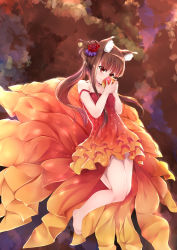 Rule 34 | 1girl, absurdres, animal ears, apple, bare legs, barefoot, brown hair, c (pixiv3064042), collarbone, commentary request, dress, floating, floating hair, flower, food, fruit, hair flower, hair ornament, highres, holding, holding food, holding fruit, holo, kanzashi, legs, long hair, red dress, red eyes, solo, spice and wolf, strap slip, wolf ears