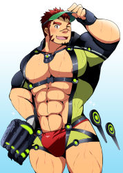 Rule 34 | 1boy, abs, adjusting clothes, adjusting headwear, akashi (live a hero), akashi (water bullet) (live a hero), bara, bare pectorals, baseball glove, black gloves, blush, bodysuit, bulge, facial hair, fingerless gloves, gloves, green bodysuit, highres, large pectorals, live a hero, long sideburns, male focus, male swimwear, mouhu (bearlovestiger13), muscular, muscular male, navel, nipples, official alternate costume, one eye closed, open mouth, pectorals, red hair, red male swimwear, scar, scar on face, scar on nose, short hair, sideburns, smile, solo, swim briefs, thighs, visor cap, wet