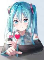 Rule 34 | 1girl, 39, against fourth wall, aqua eyes, aqua hair, aqua nails, aqua necktie, bare shoulders, black sleeves, blurry, blurry foreground, commentary, detached sleeves, grey shirt, hair ornament, hatsune miku, heart, highres, index finger raised, indoors, lips, long hair, looking at viewer, nail polish, necktie, shirt, shoulder tattoo, sidelighting, sitting, sleeveless, sleeveless shirt, smile, solo, symbol-only commentary, tattoo, tsukiringo, twintails, twitter, twitter username, upper body, vocaloid