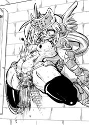 Rule 34 | 10s, 1girl, armor, bikini armor, black thighhighs, blush, breasts, dildo, female focus, helmet, long hair, mirim, monochrome, nijikuji, nipples, object insertion, open mouth, orgasm, ponytail, pussy juice, queen&#039;s blade, queen&#039;s blade rebellion, saliva, sex toy, solo, sweat, tears, thighhighs, trembling, vaginal, vaginal object insertion